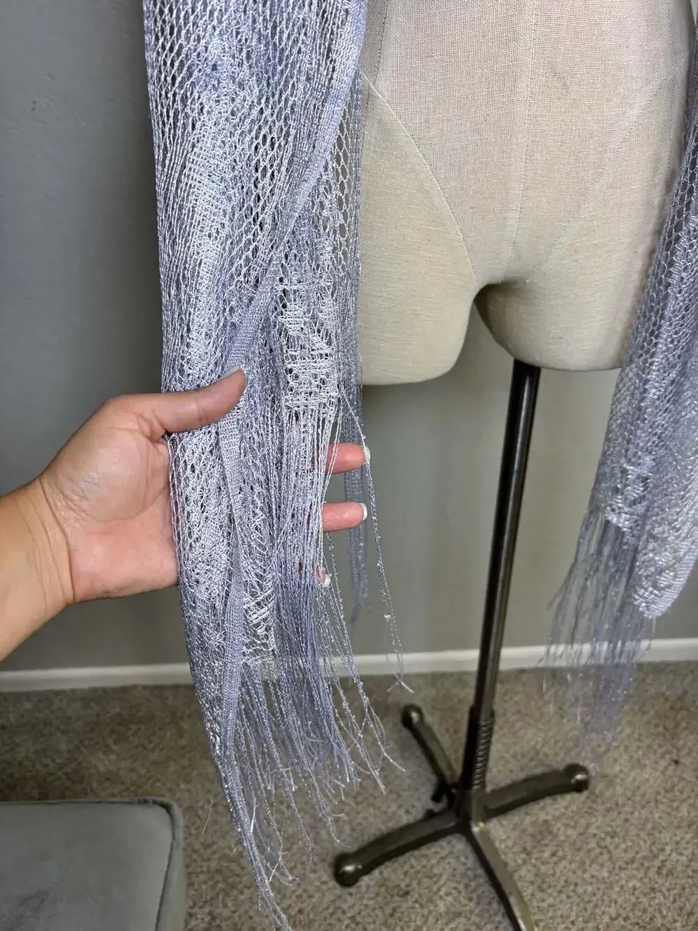 Silver Metallic Shimmer Lace Fringe Evening Shawl Wrap